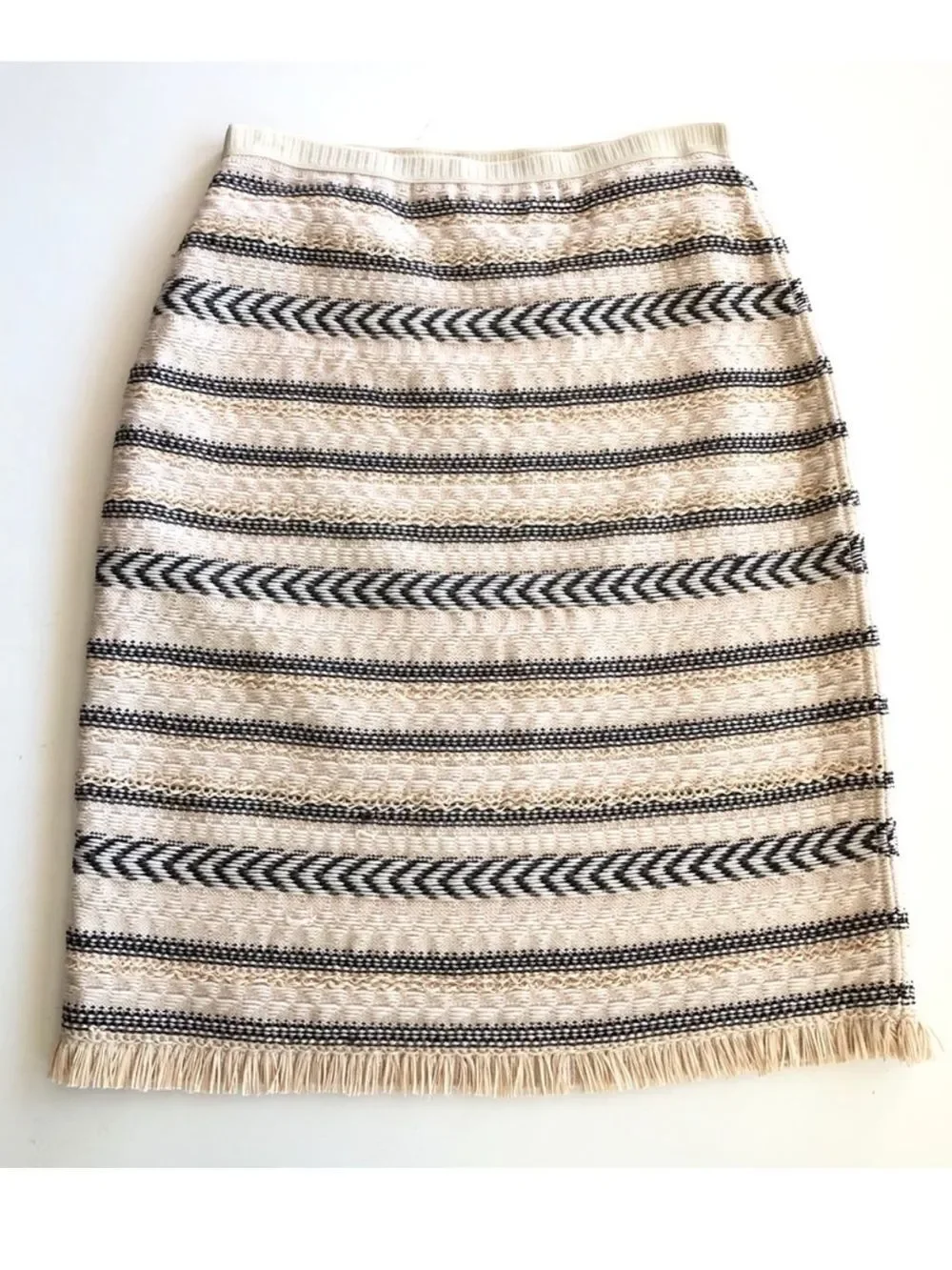 TORY BURCH L Beige Jacquard Tweed Fringe Wool Blend Sweater Pencil Skirt